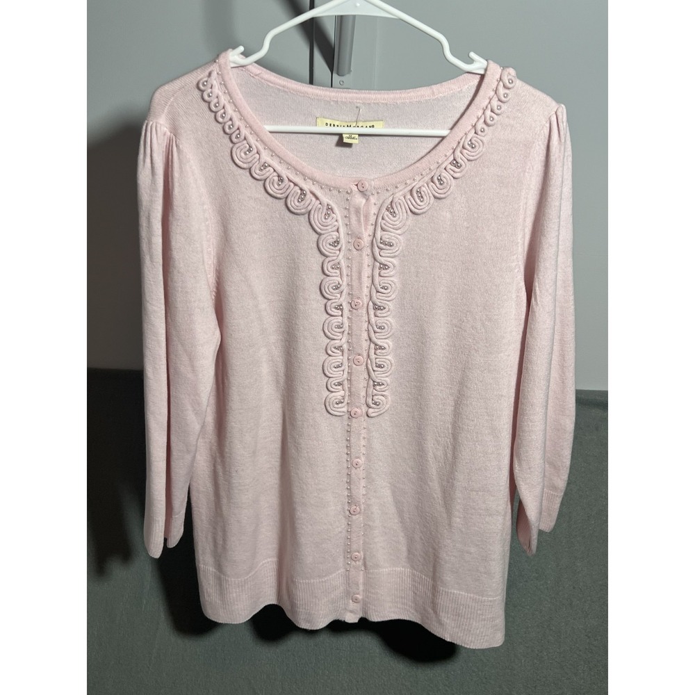 Debbie Morgan Women's Pink Powderpuff Beaded Cardigan Sweater Size M 3/4 Sleeve